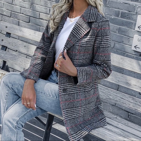 plaid print double breasted blazer jacket coat - Picture 6 of 6